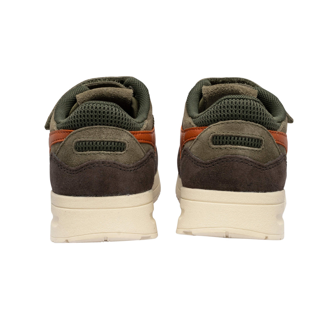 Pair of olive green and brown trainers with orange accents, rear view