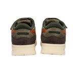 Pair of olive green and brown trainers with orange accents, rear view