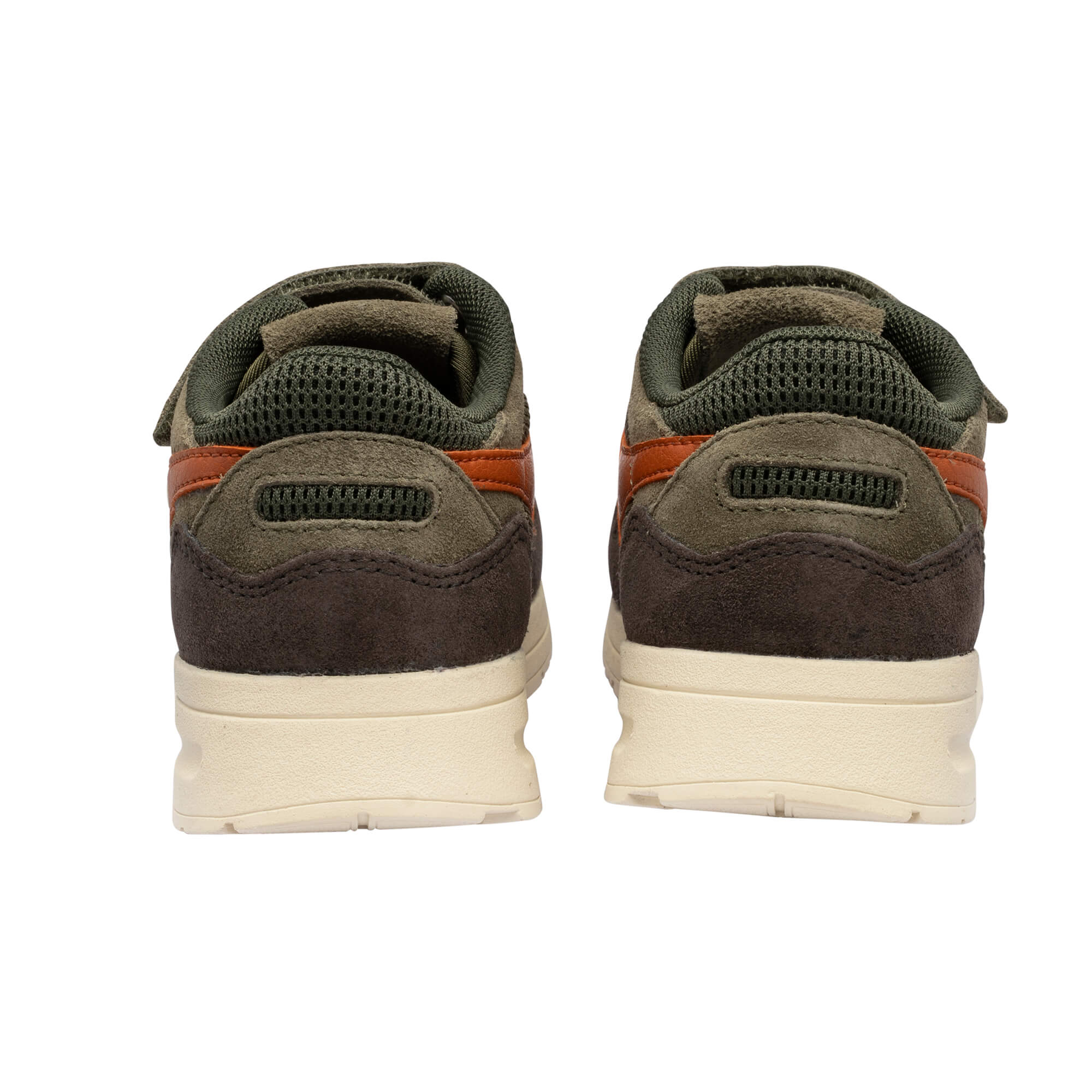 Pair of olive green and brown trainers with orange accents, rear view