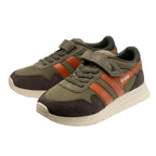 Pair of Gola kids trainers in khaki, brown, and orange