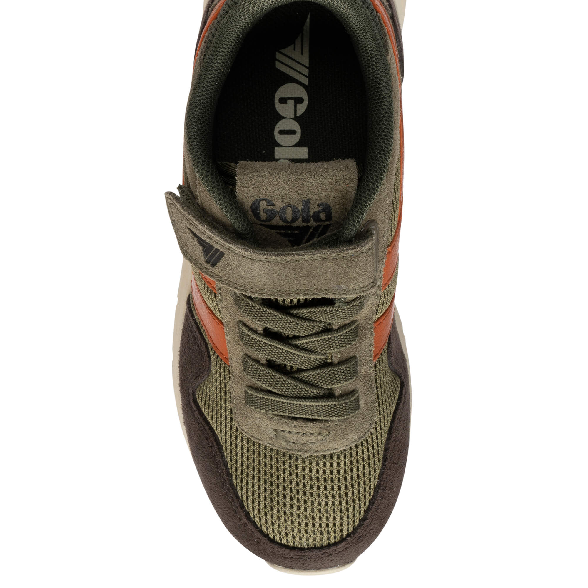 Top-down view of a Gola trainer in olive green, brown, and orange