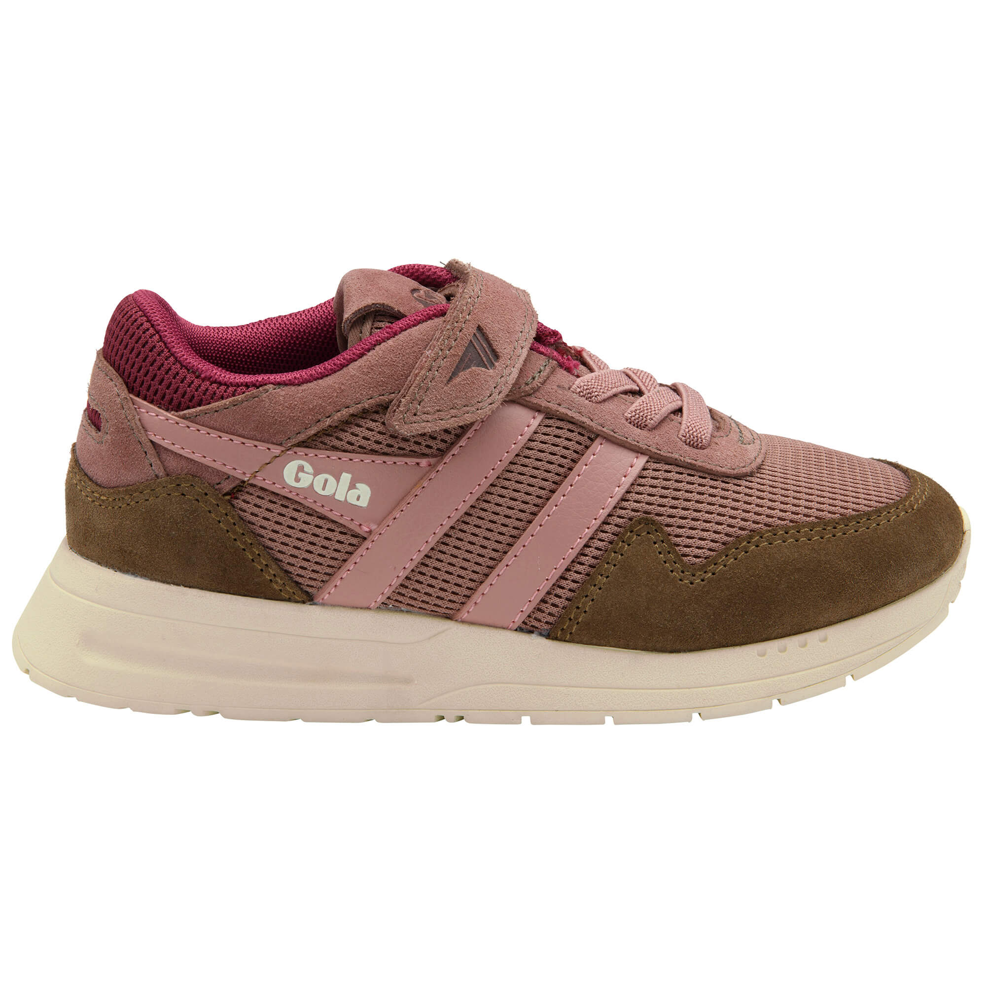 Gola kids trainer in pink and brown with a hook and loop fastening
