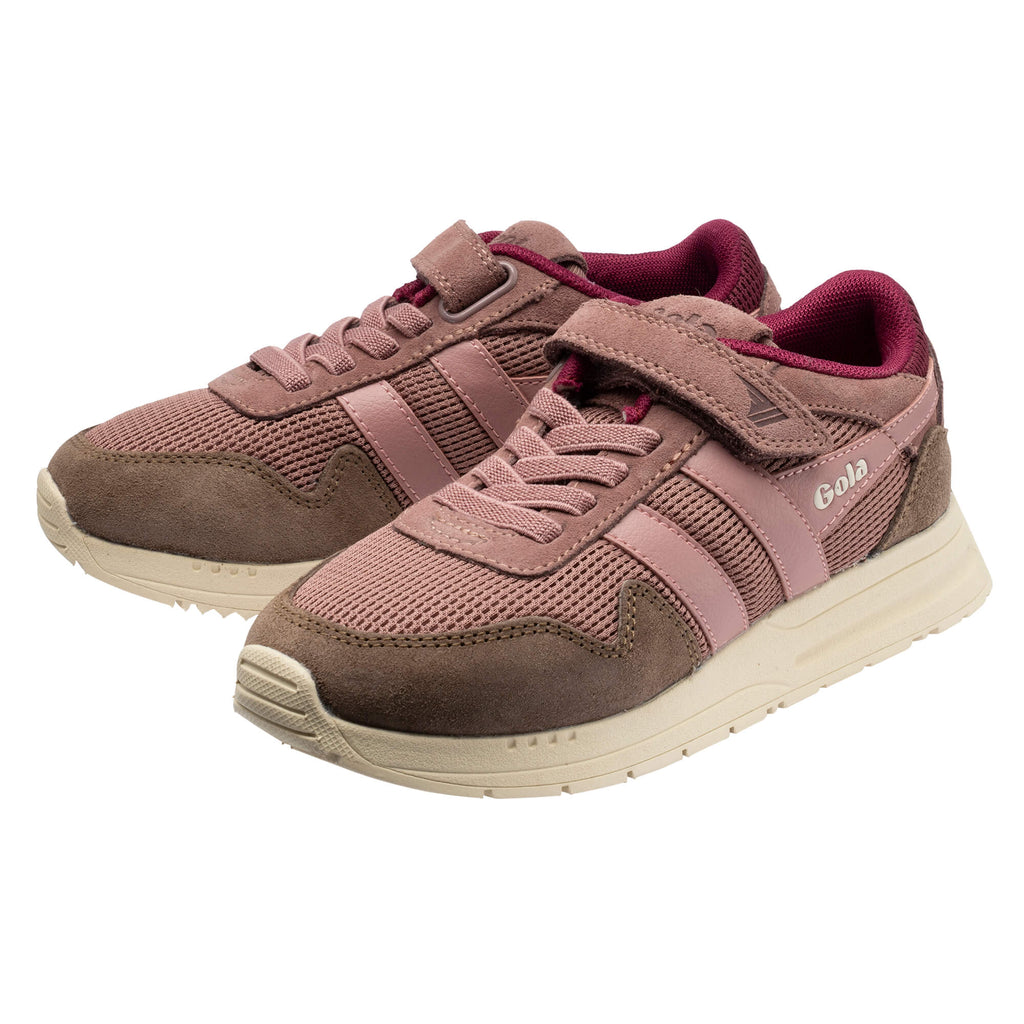 Pair of Gola Kids Coaster Peak trainers in pink and brown with hook and loop fastening