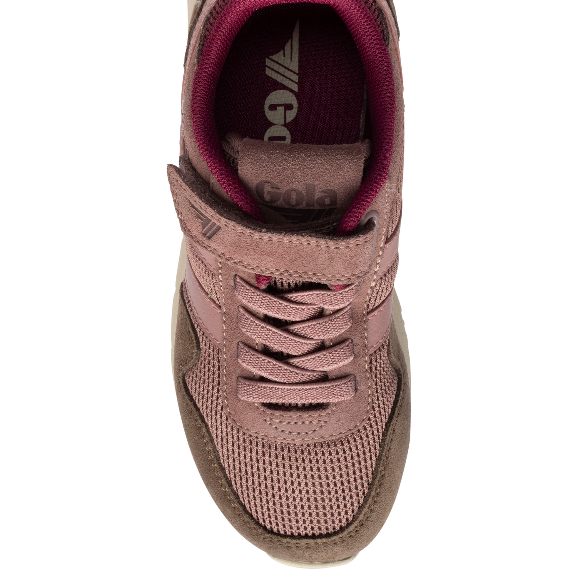 Top-down view of a Gola trainer in pink and brown with a velcro strap and laces