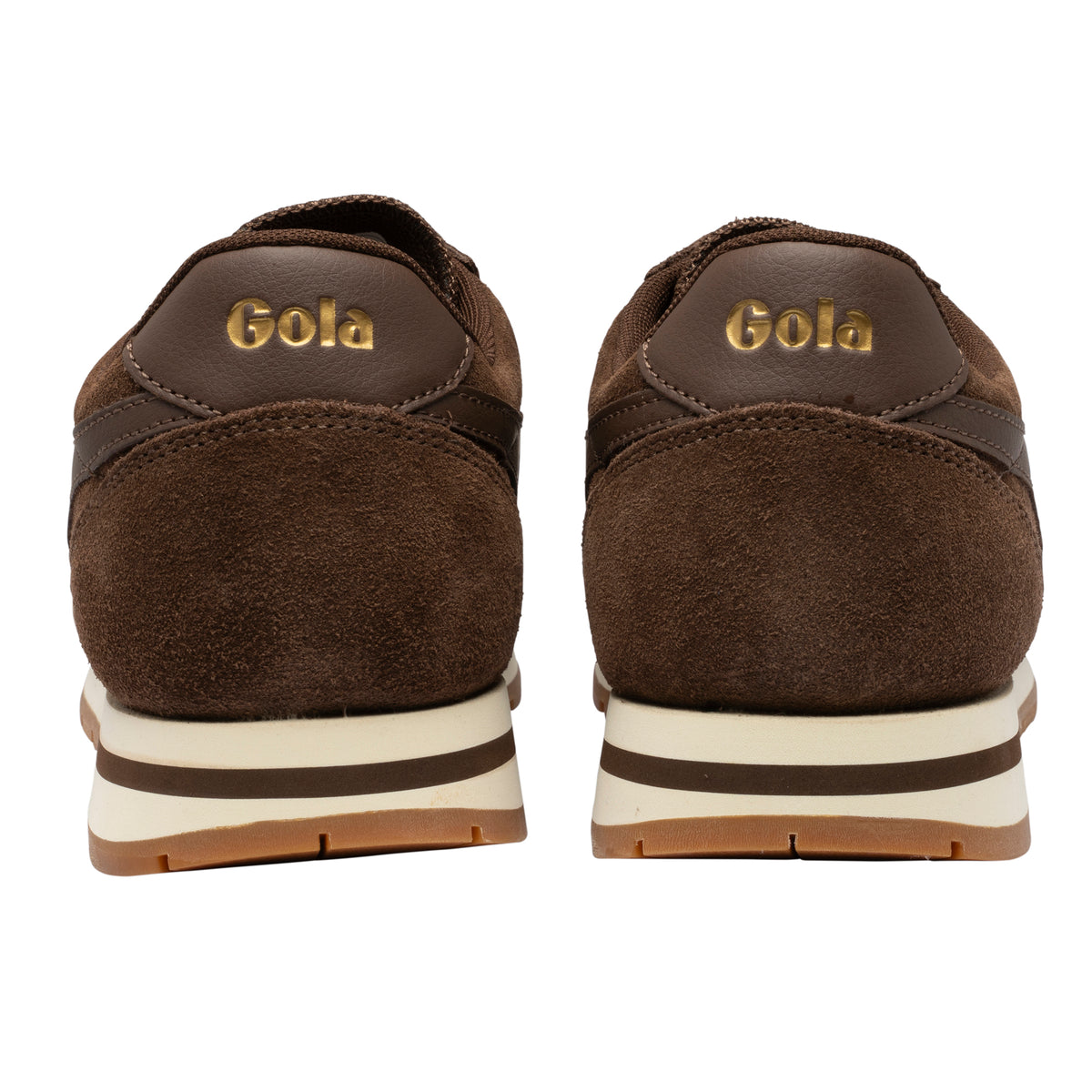 Rear view of brown suede Gola Classics trainers with gold branding on the heel tab
