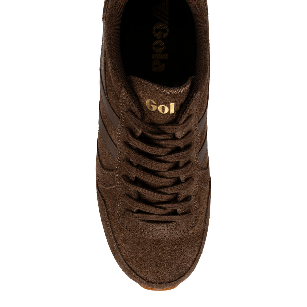 Top view of a brown suede Gola Classics trainer with matching laces and gold branding on the tongue