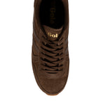 Top view of a brown suede Gola Classics trainer with matching laces and gold branding on the tongue