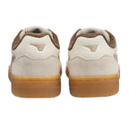 Pair of beige and brown trainers, rear view