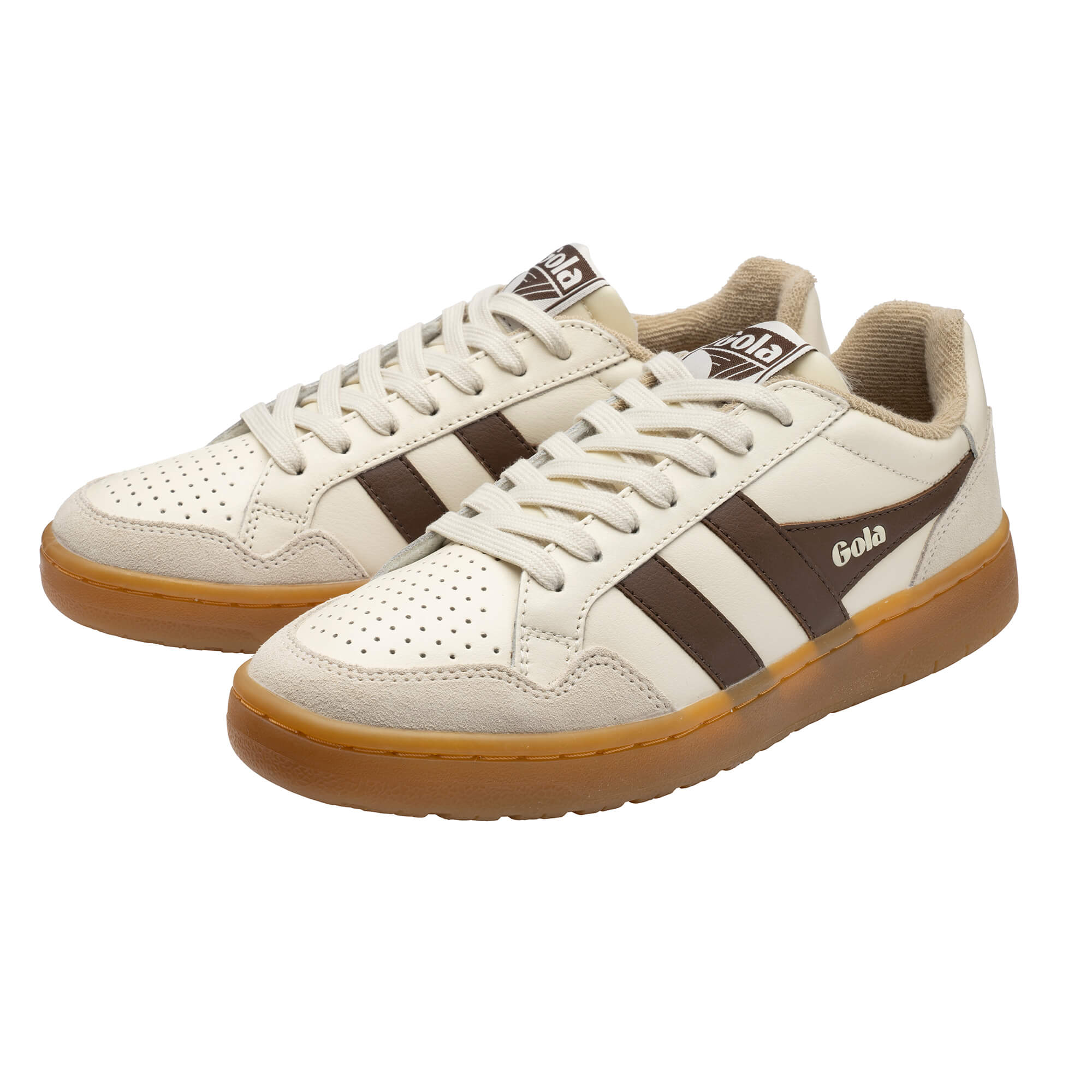 Pair of Gola sneakers in off-white with brown stripes and gum soles