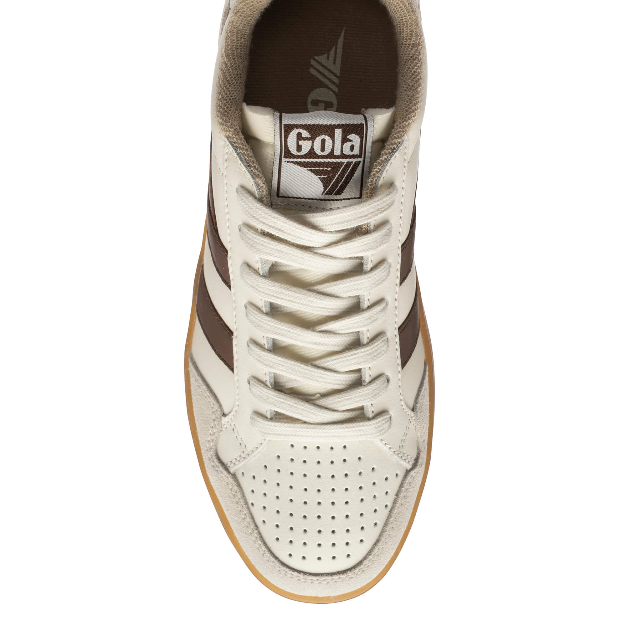 Gola trainer in off-white with brown stripes and gum sole