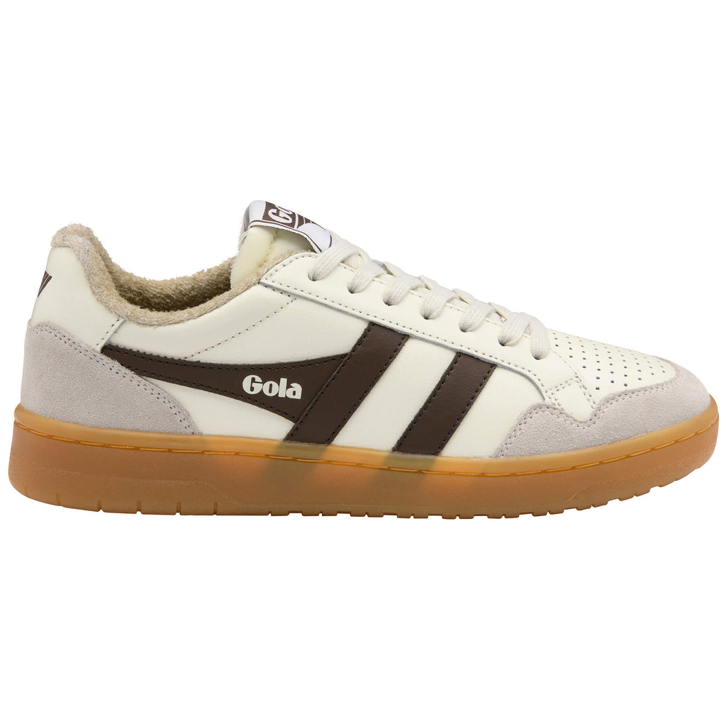 Gola Grandslam Quadrant trainer in off-white with brown stripes and a gum sole