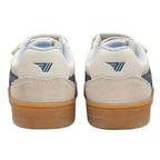 Rear view of two cream and navy trainers with gum soles