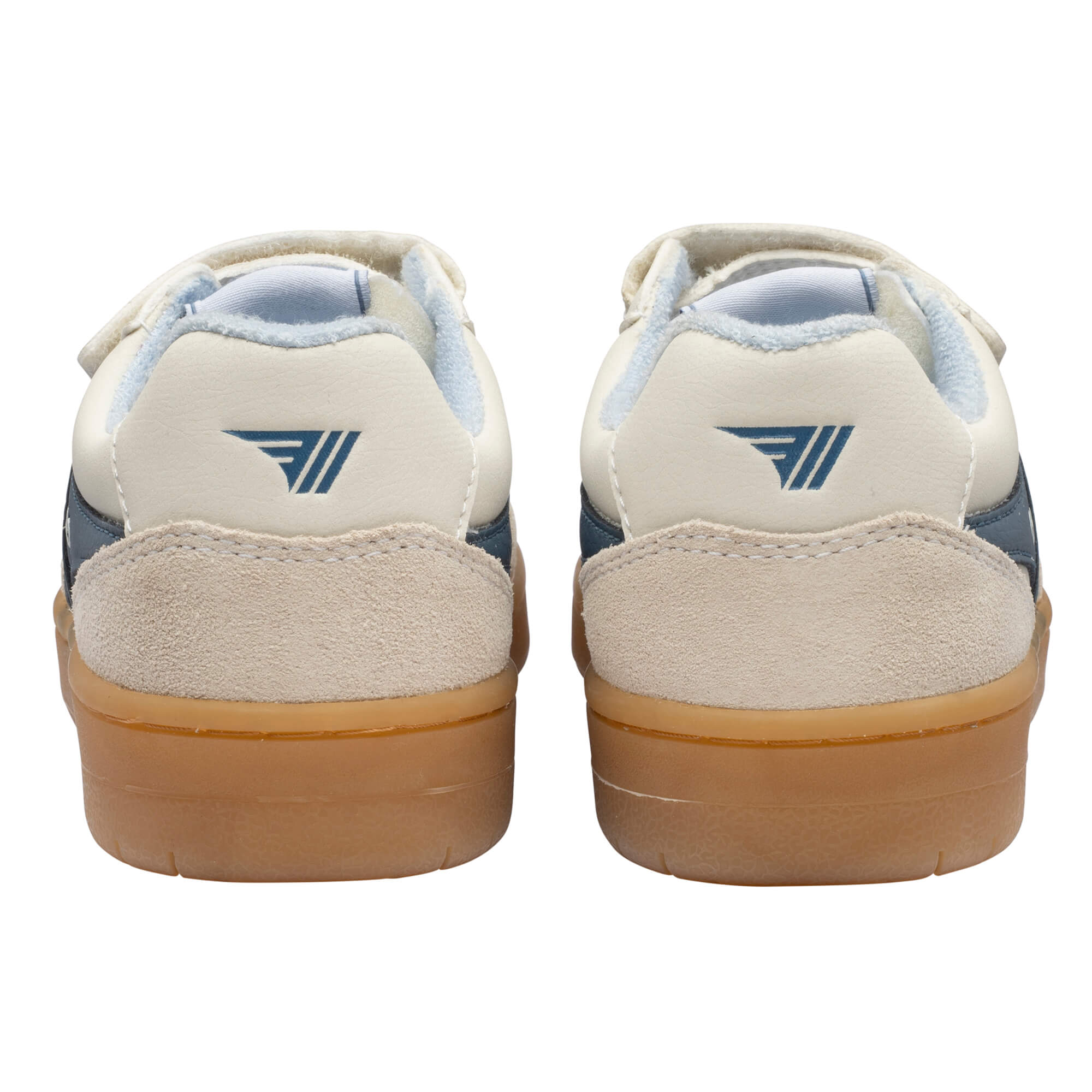 Rear view of two cream and navy trainers with gum soles