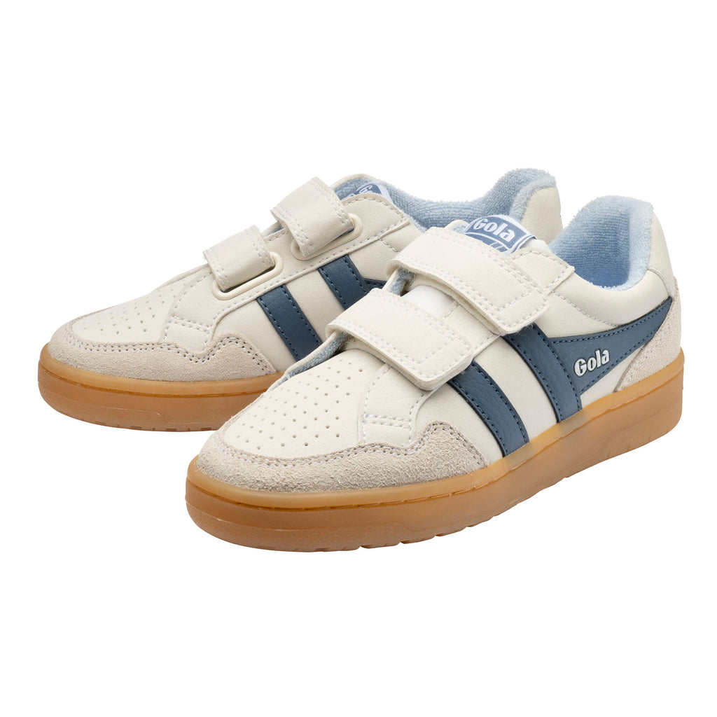 Pair of Gola Kids Coaster trainers in off-white with blue stripes and gum soles