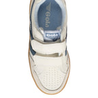 Top-down view of a Gola trainer in off-white with navy stripes and two velcro straps