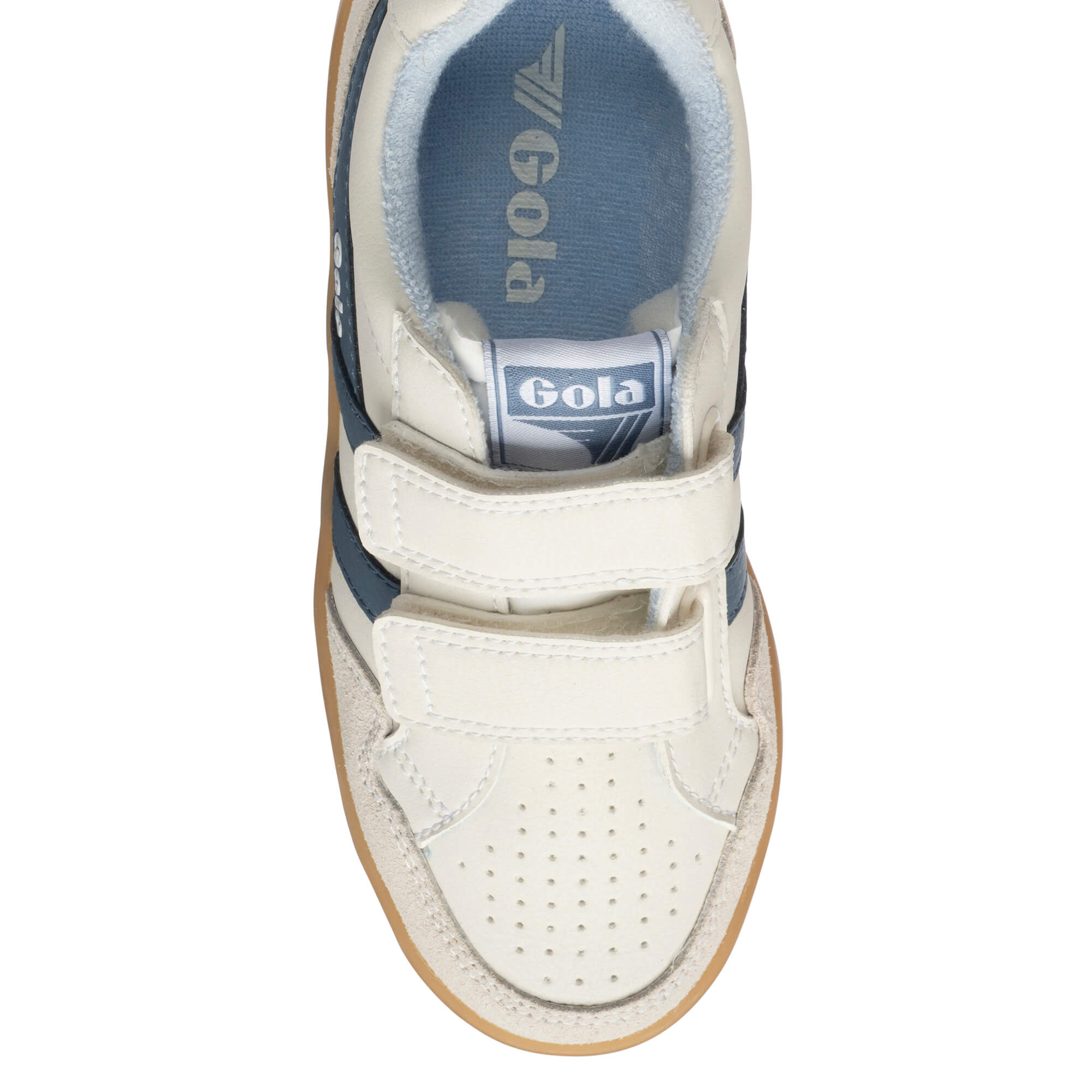 Top-down view of a Gola trainer in off-white with navy stripes and two velcro straps