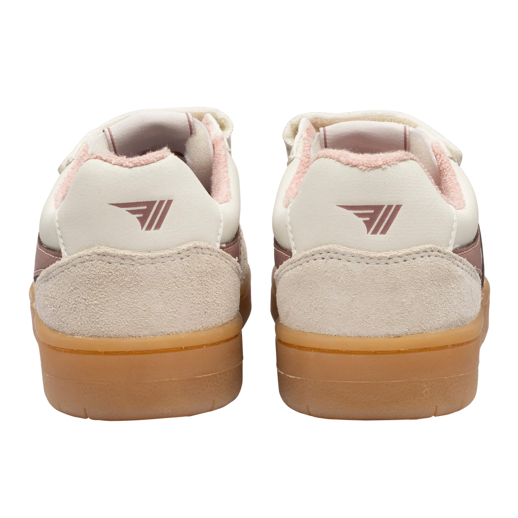 Rear view of two white and pink trainers with brown soles