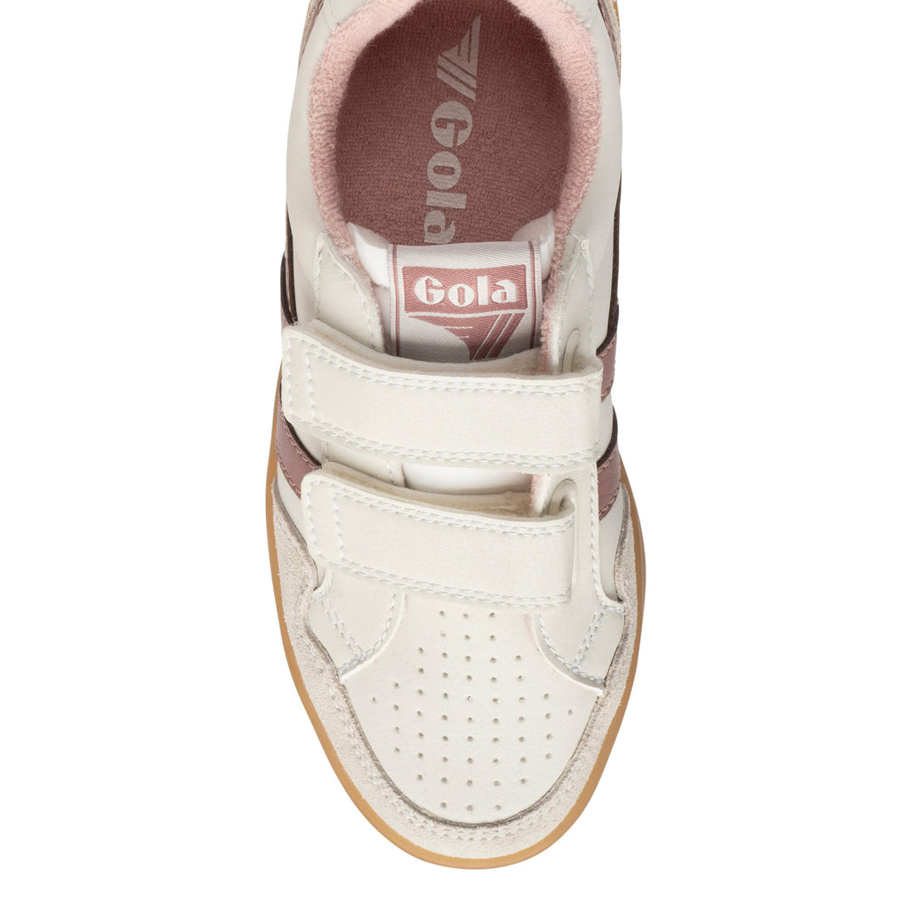 Top-down view of a white Gola trainer with pink accents and two hook-and-loop straps
