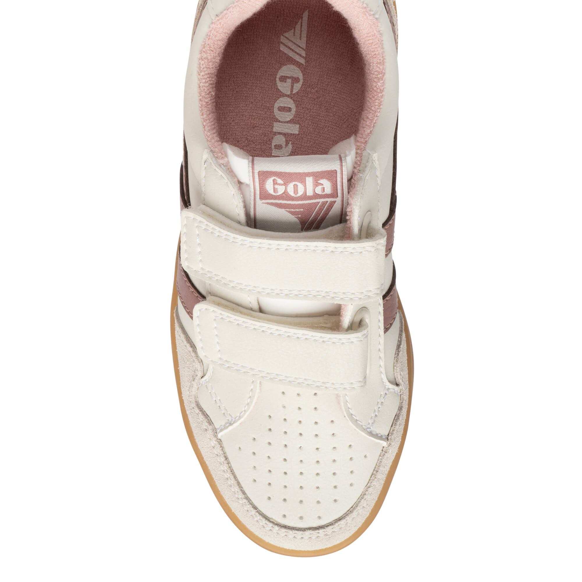 Top-down view of a white Gola trainer with pink accents and two hook-and-loop straps