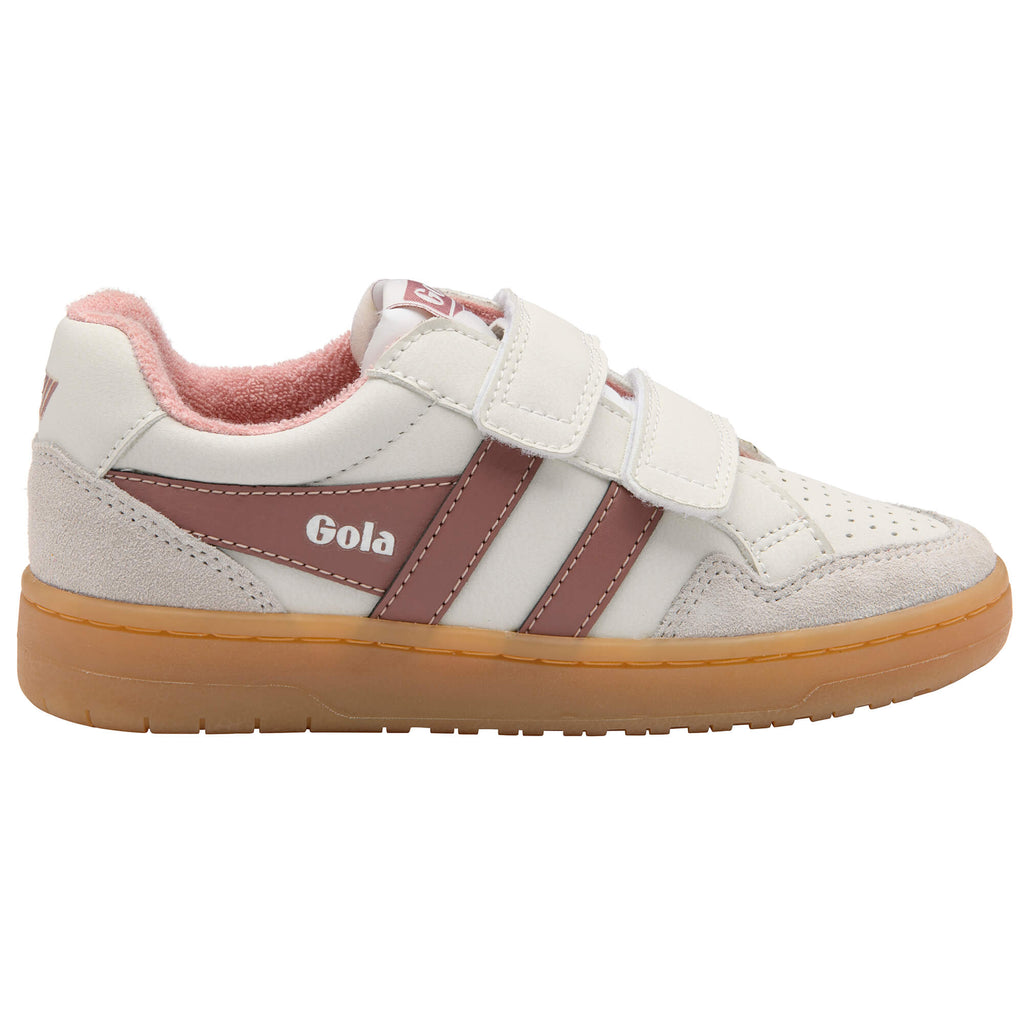 White and pink Gola trainers with two hook and loop straps and a gum sole
