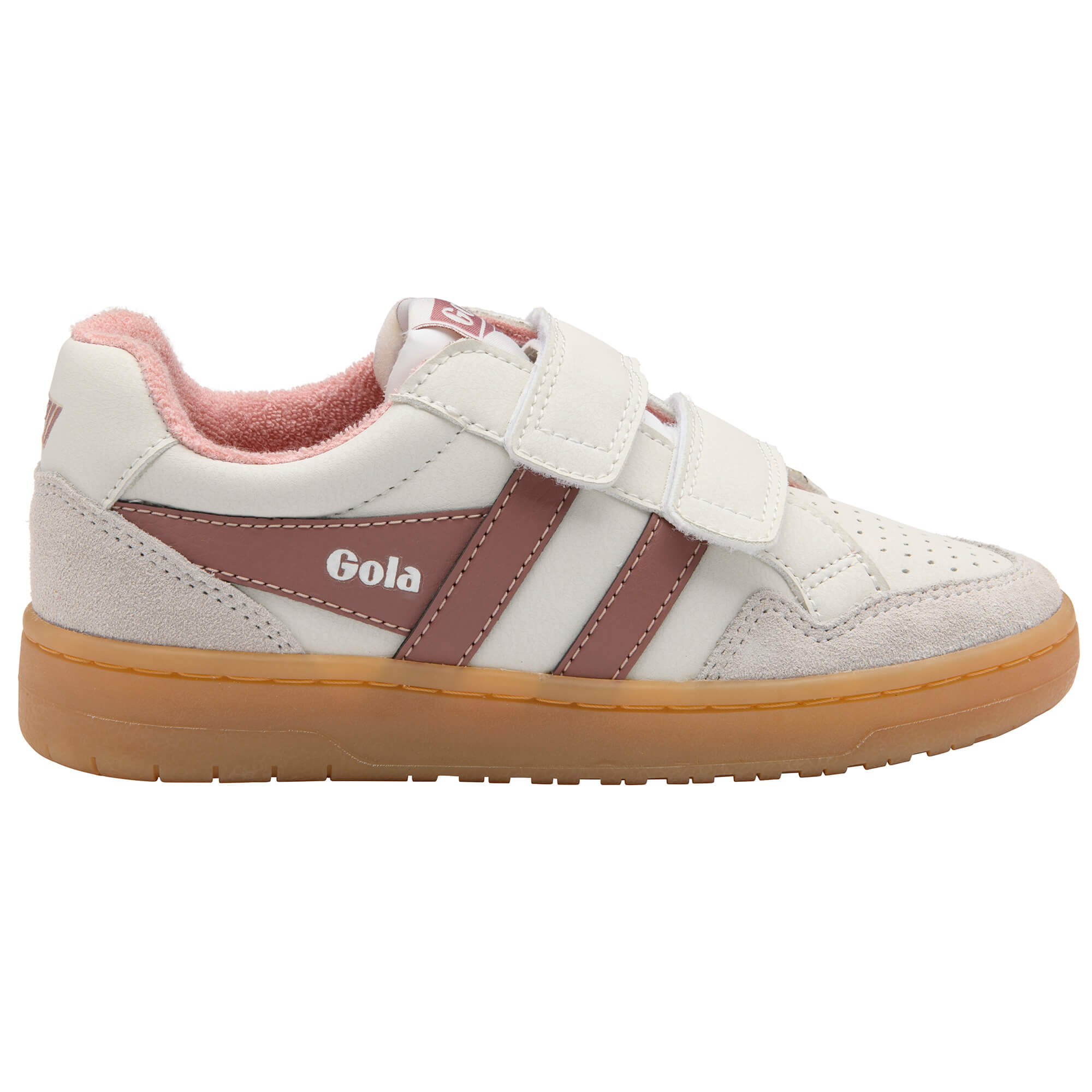 White and pink Gola trainers with two hook and loop straps and a gum sole