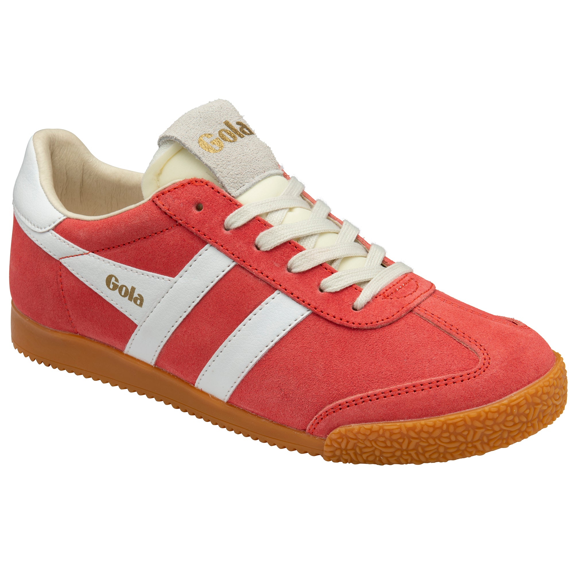Red trainer with white accents and brown sole on a white background