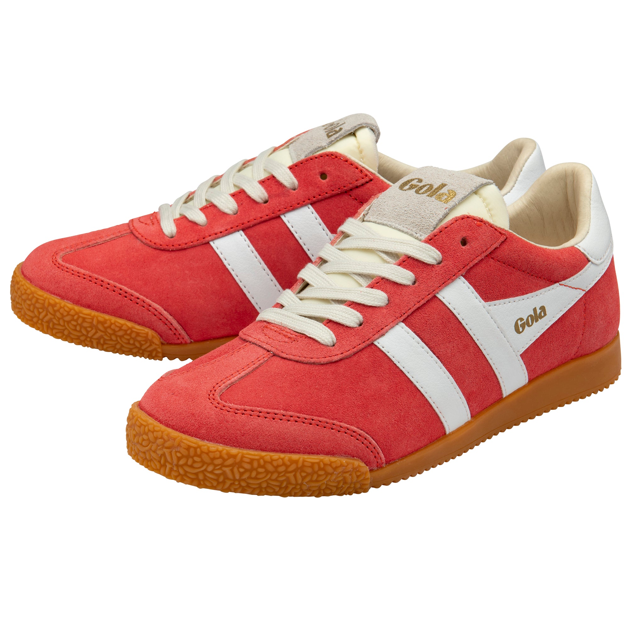 Red trainers with white stripes and brown soles on a white background