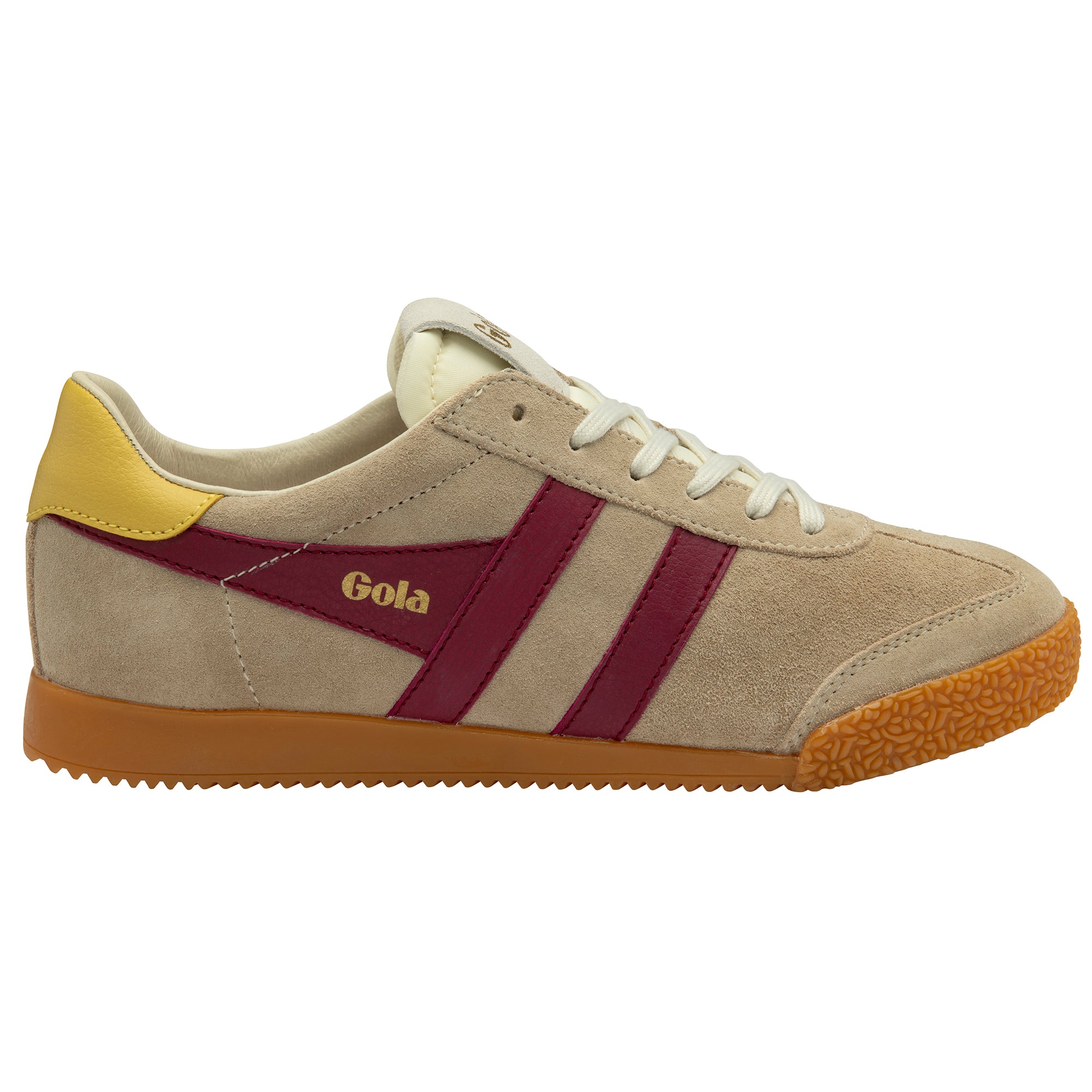 Beige trainer with maroon accents and 'Gola' branding on a white background