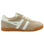 Beige trainer with white stripes and brown sole on a white background