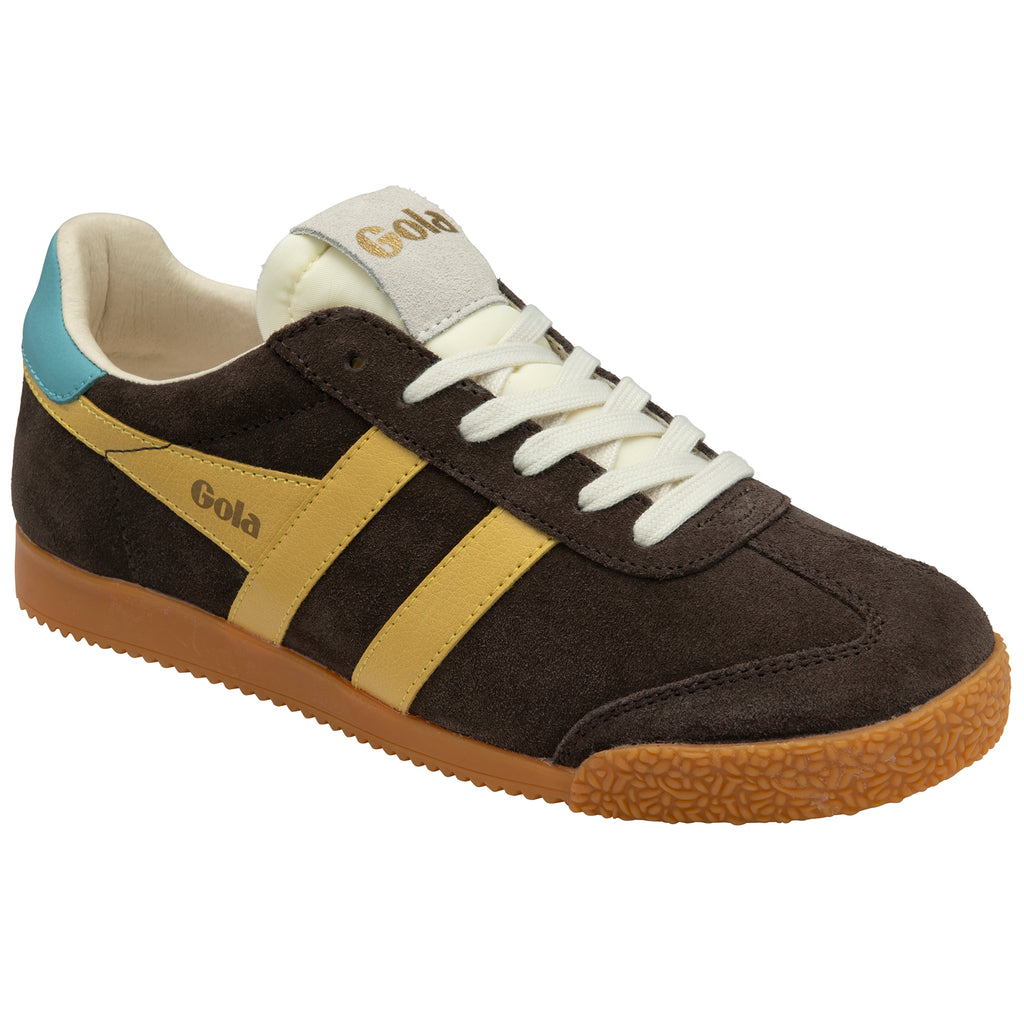 Brown and yellow trainer with white laces on a white background