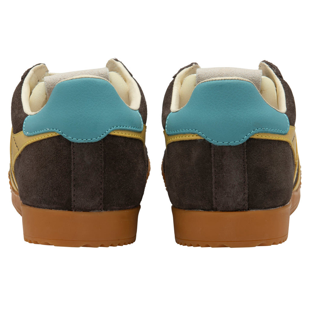Back view of brown trainers with blue accents on a white background