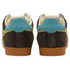 Back view of brown trainers with blue accents on a white background