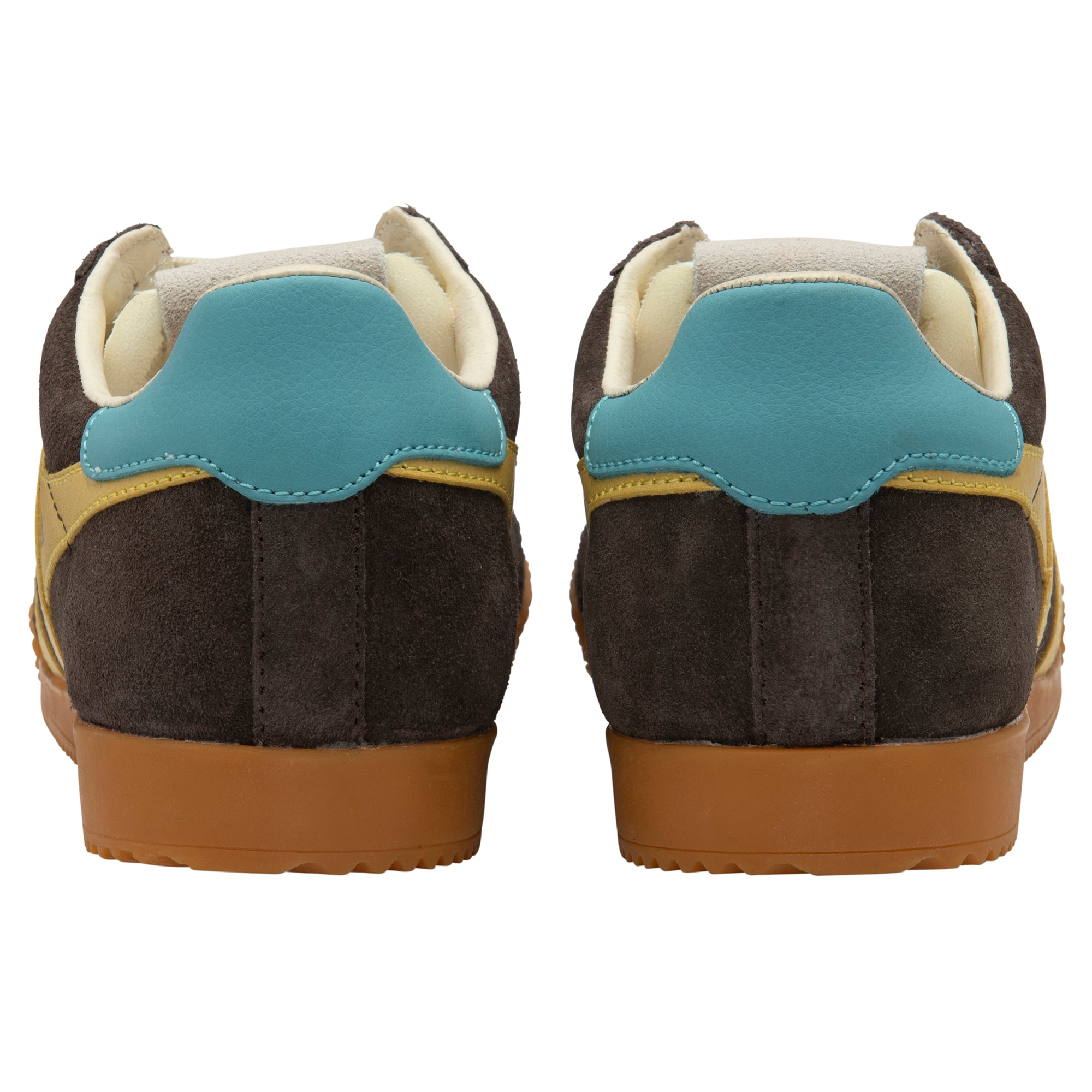 Back view of brown trainers with blue accents on a white background