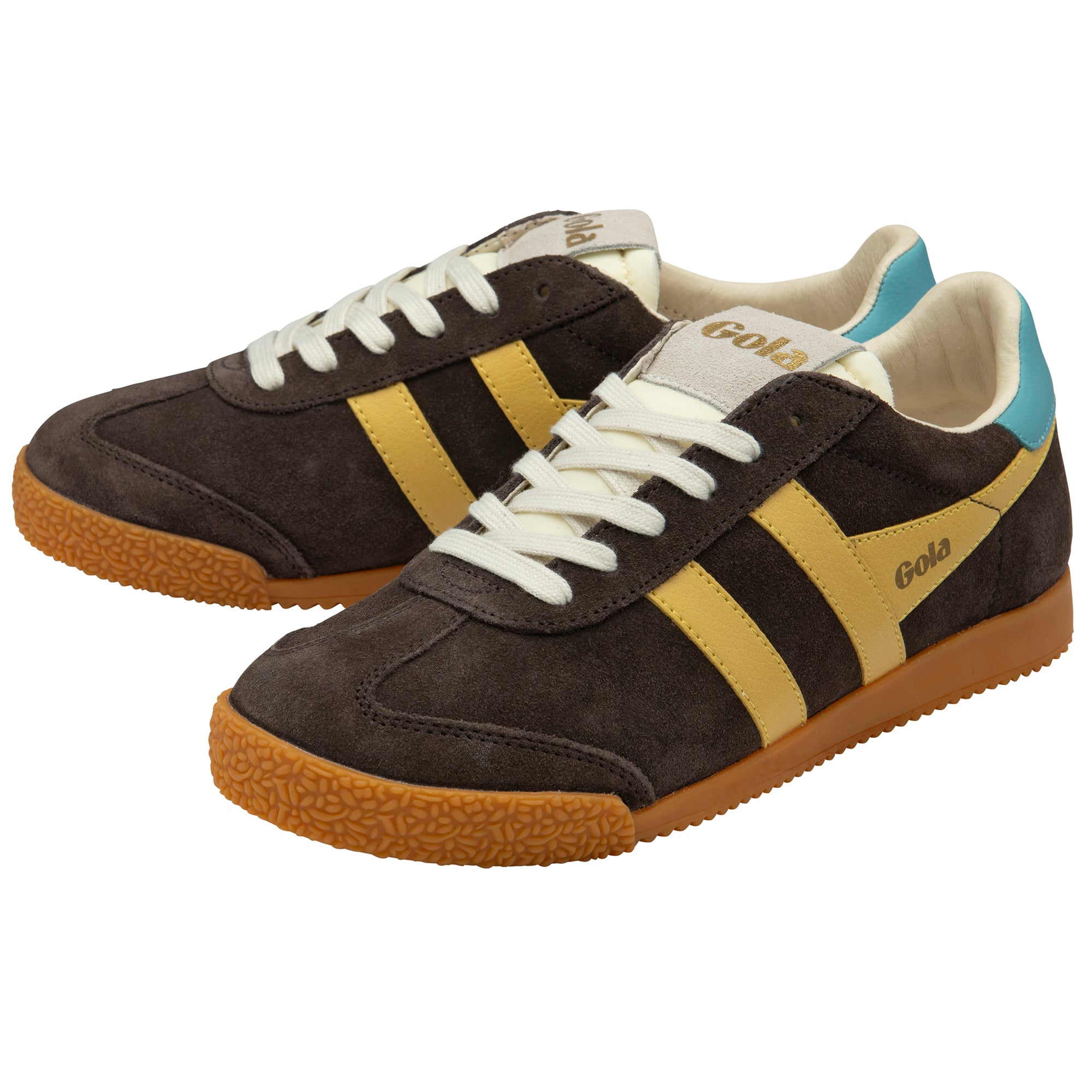 Pair of brown and trainers with white laces on a white background