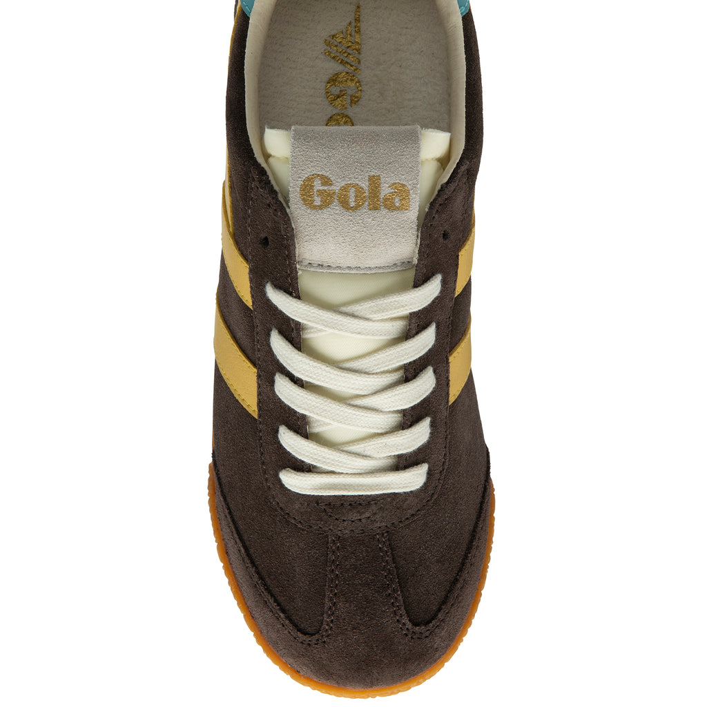 Brown trainer with gold accents and white laces on a white background