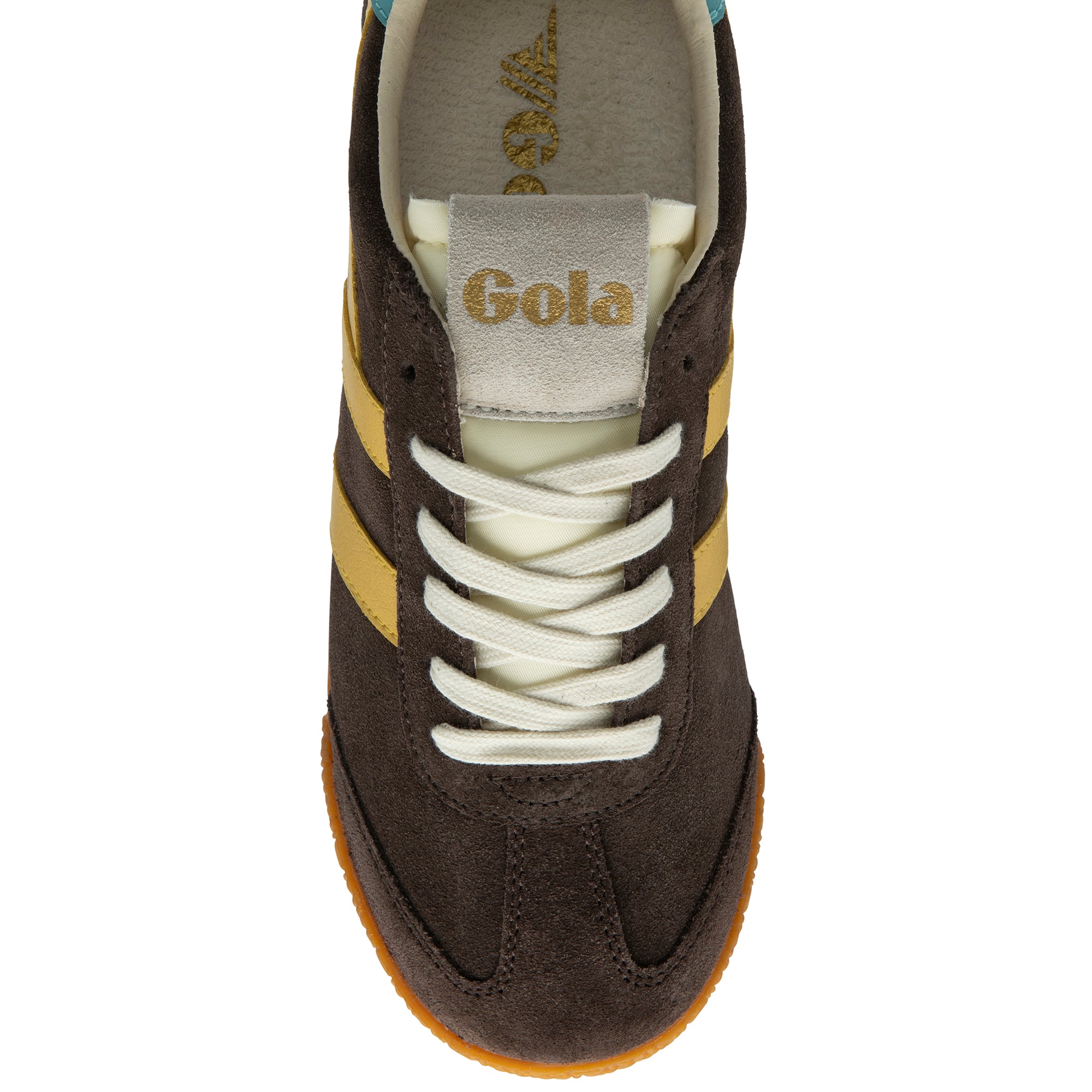 Brown trainer with gold accents and white laces on a white background