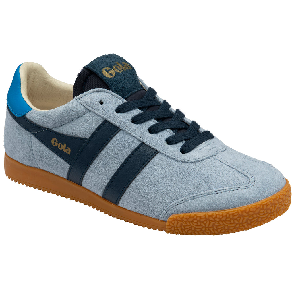 Blue trainer with navy accents and brown sole on a white background