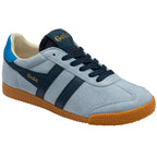 Blue trainer with navy accents and brown sole on a white background