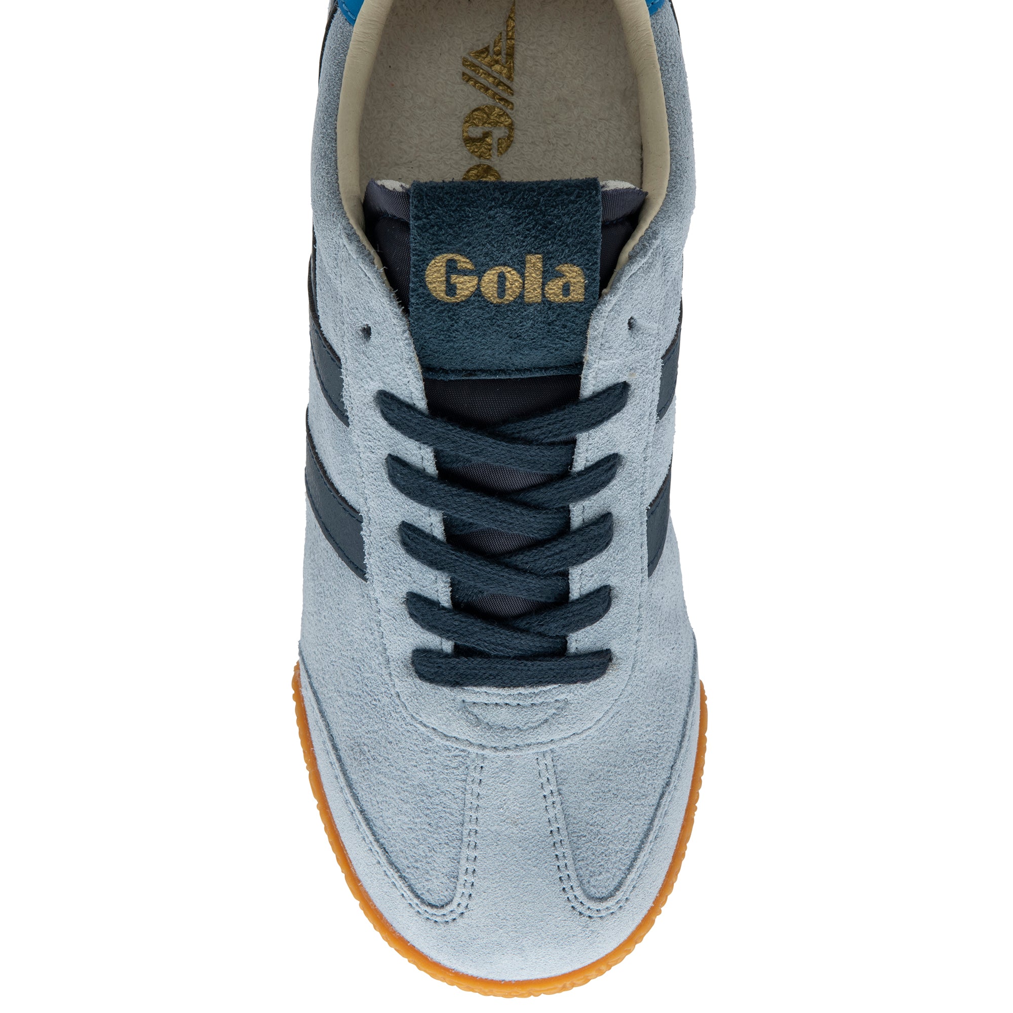 Blue trainer with navy laces and 'Gola' branding on a white background
