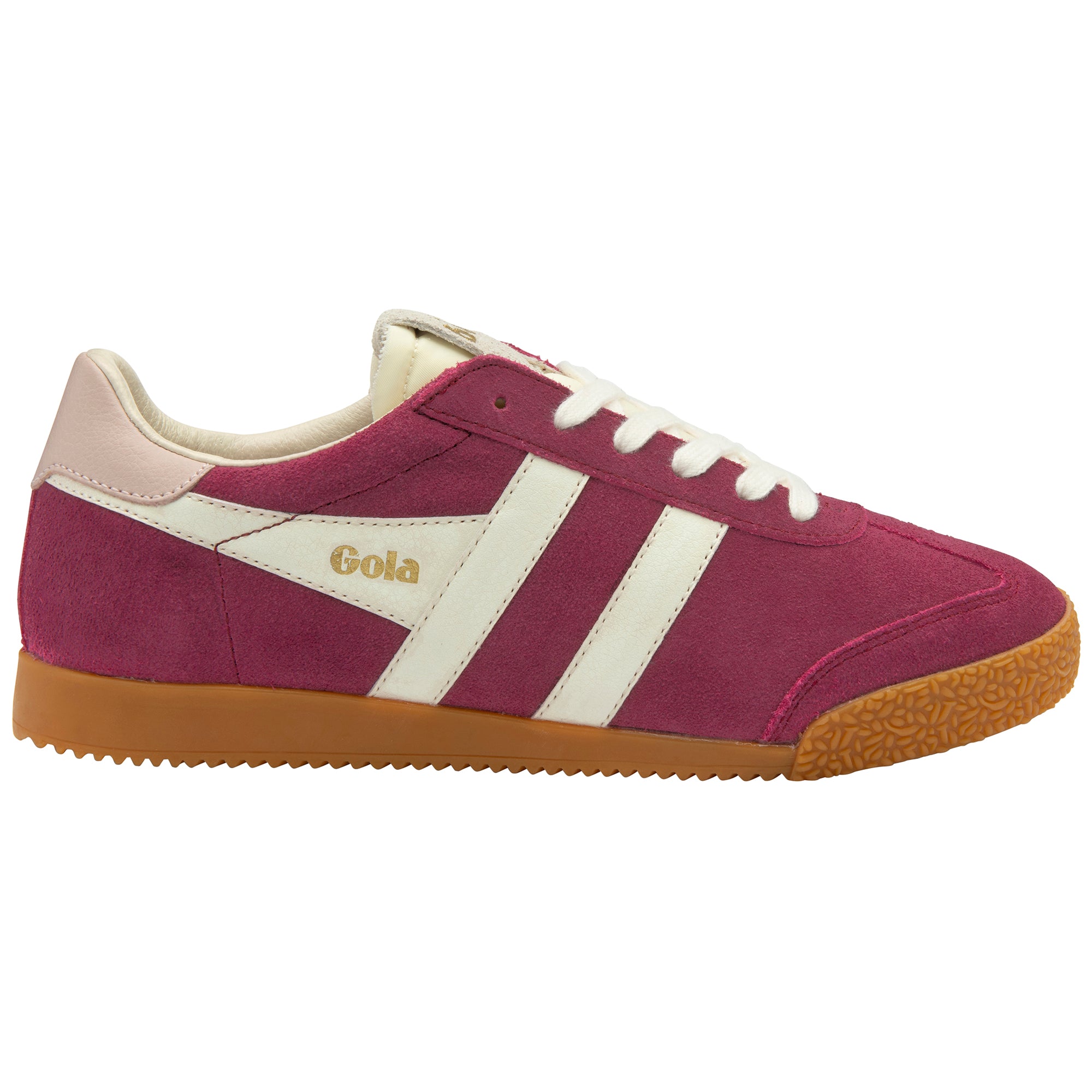 Purple trainer with white stripes and brown sole on a white background