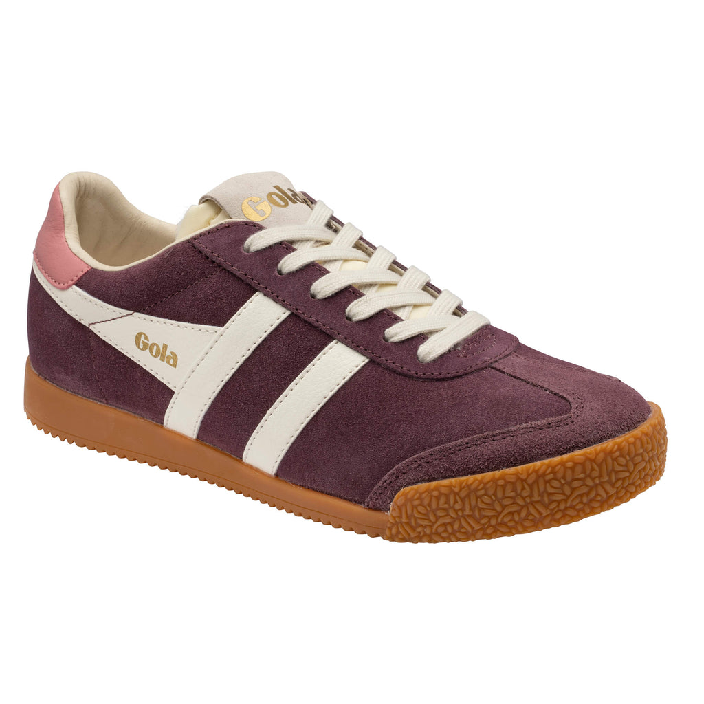 Gola Harrier suede trainer in burgundy with off-white stripes and gum sole
