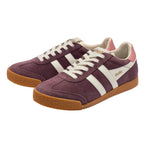 Pair of Gola Harrier trainers in plum suede with off-white stripes and gum sole