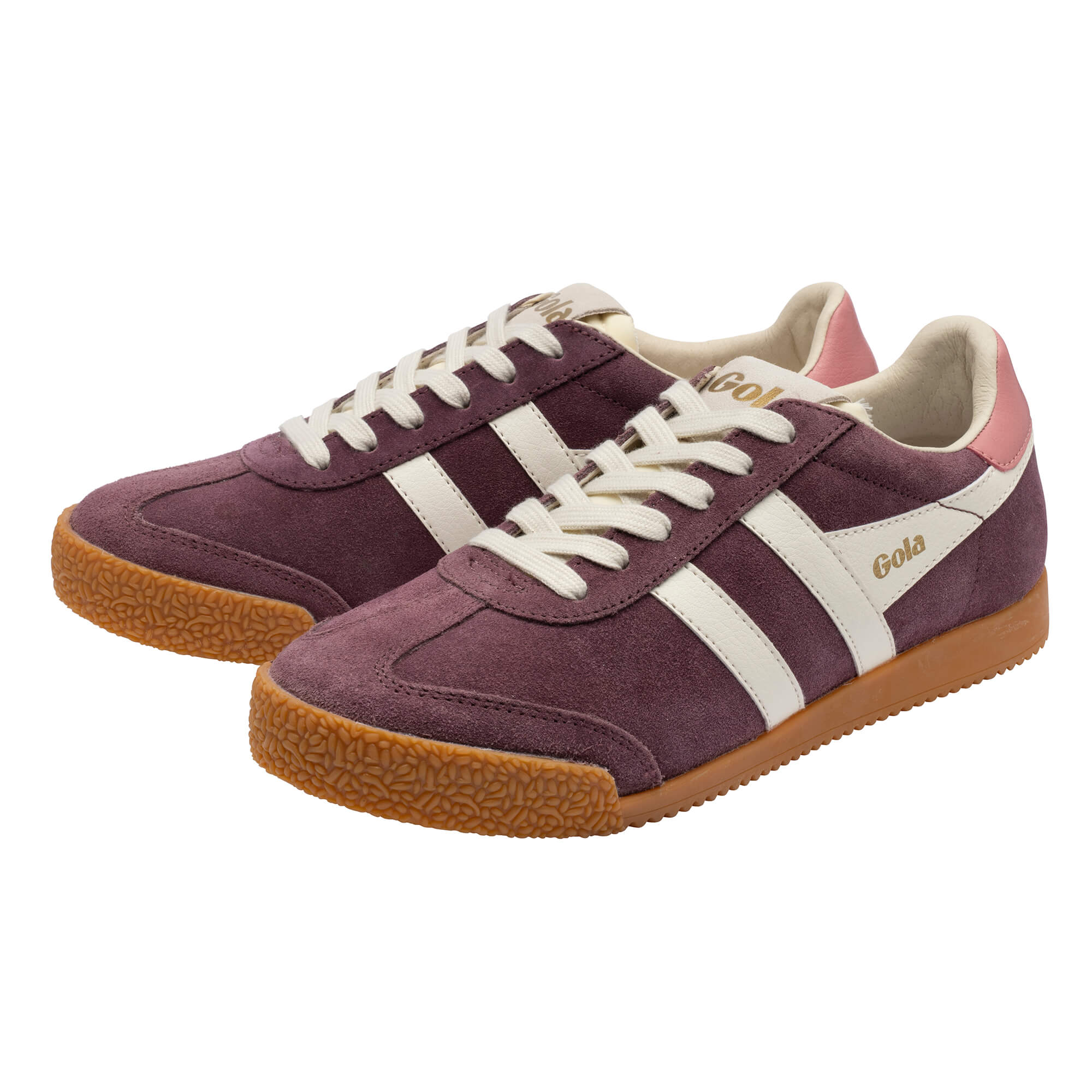 Pair of Gola Harrier trainers in plum suede with off-white stripes and gum sole