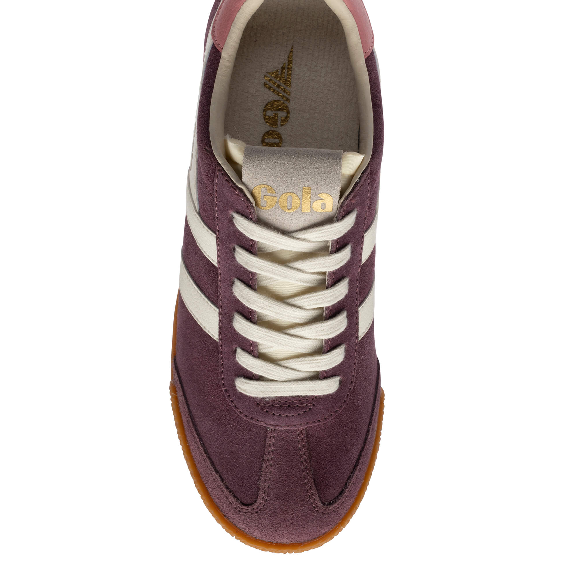 Top-down view of a Gola Harrier trainer in plum suede with white stripes and laces