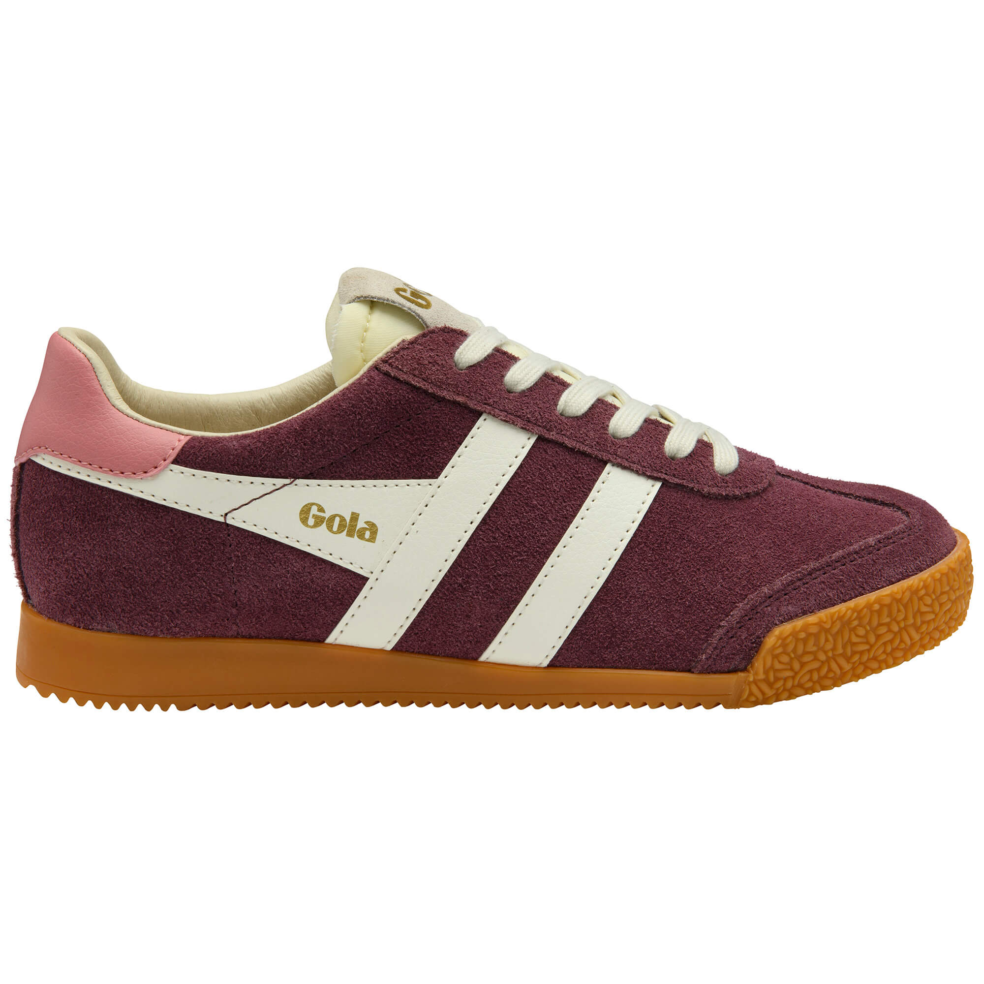 Gola women's trainer in burgundy suede with white stripes and pink heel detail