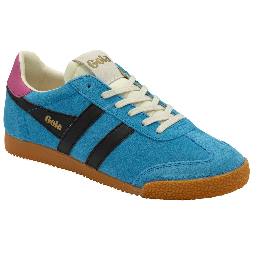 Blue trainer with black stripes and brown sole on a white background