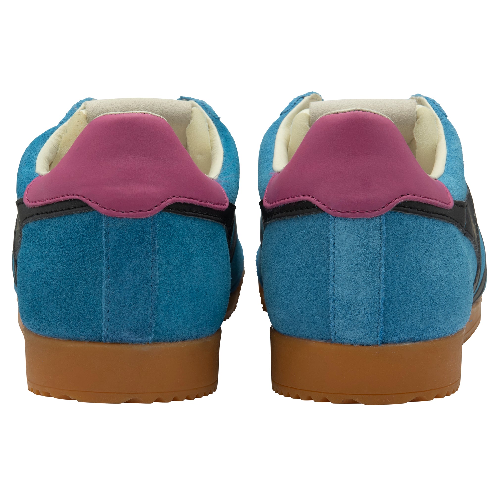 Pair of blue trainers with purple heel on a white background