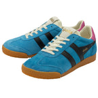 Blue trainers with black stripes and brown soles on a white background