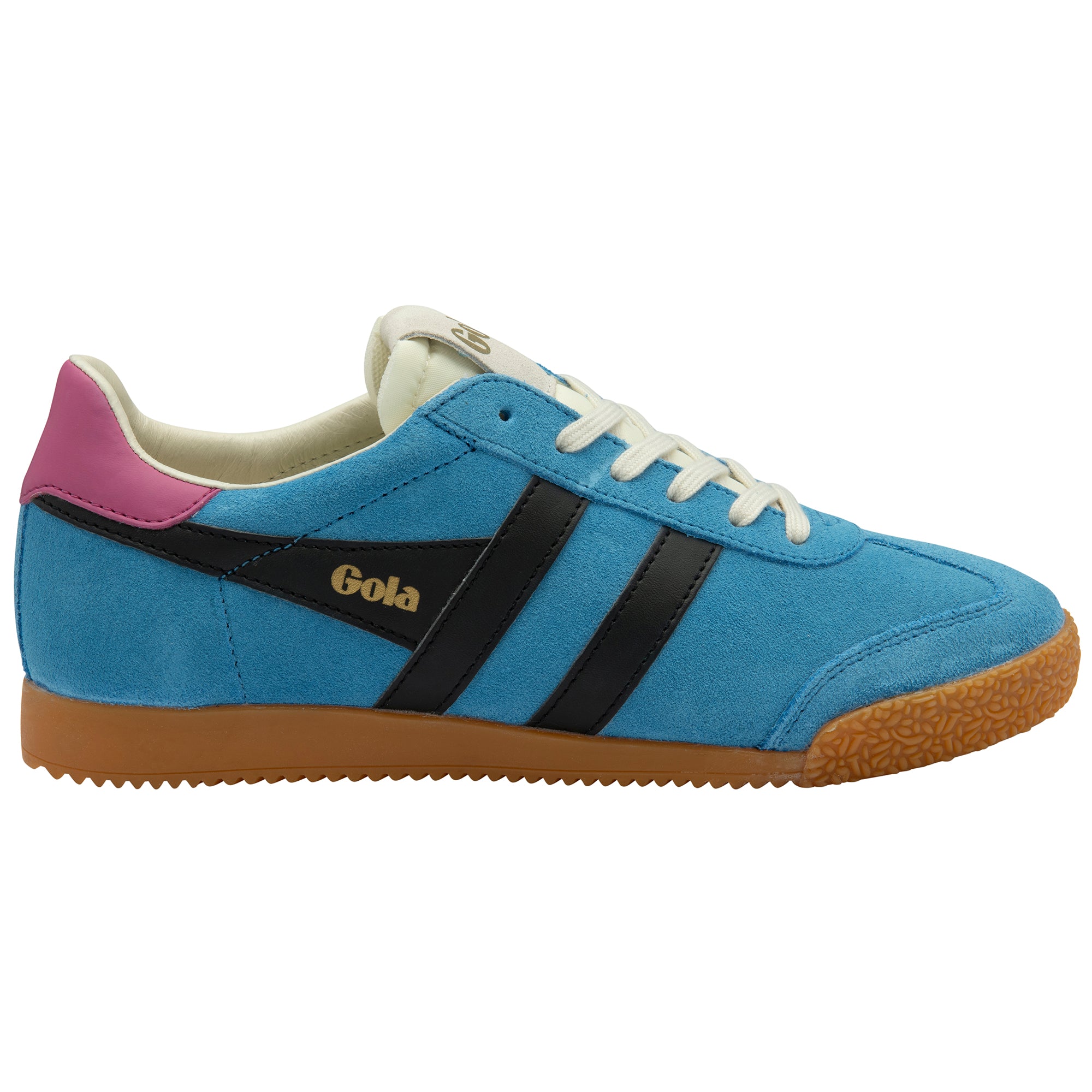 Blue trainer with black stripes and a purple heel on a white background