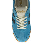 Blue trainer with black stripes and white laces on a white background